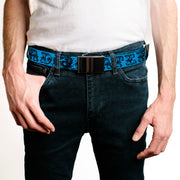 Black Buckle Web Belt - Grateful Dead Text w/Skull & Roses Turquoise Webbing