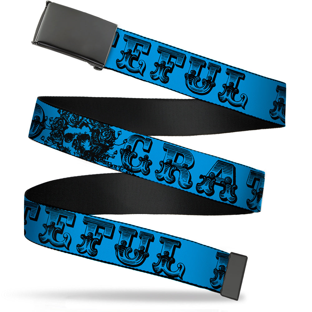 Black Buckle Web Belt - Grateful Dead Text w/Skull & Roses Turquoise Webbing