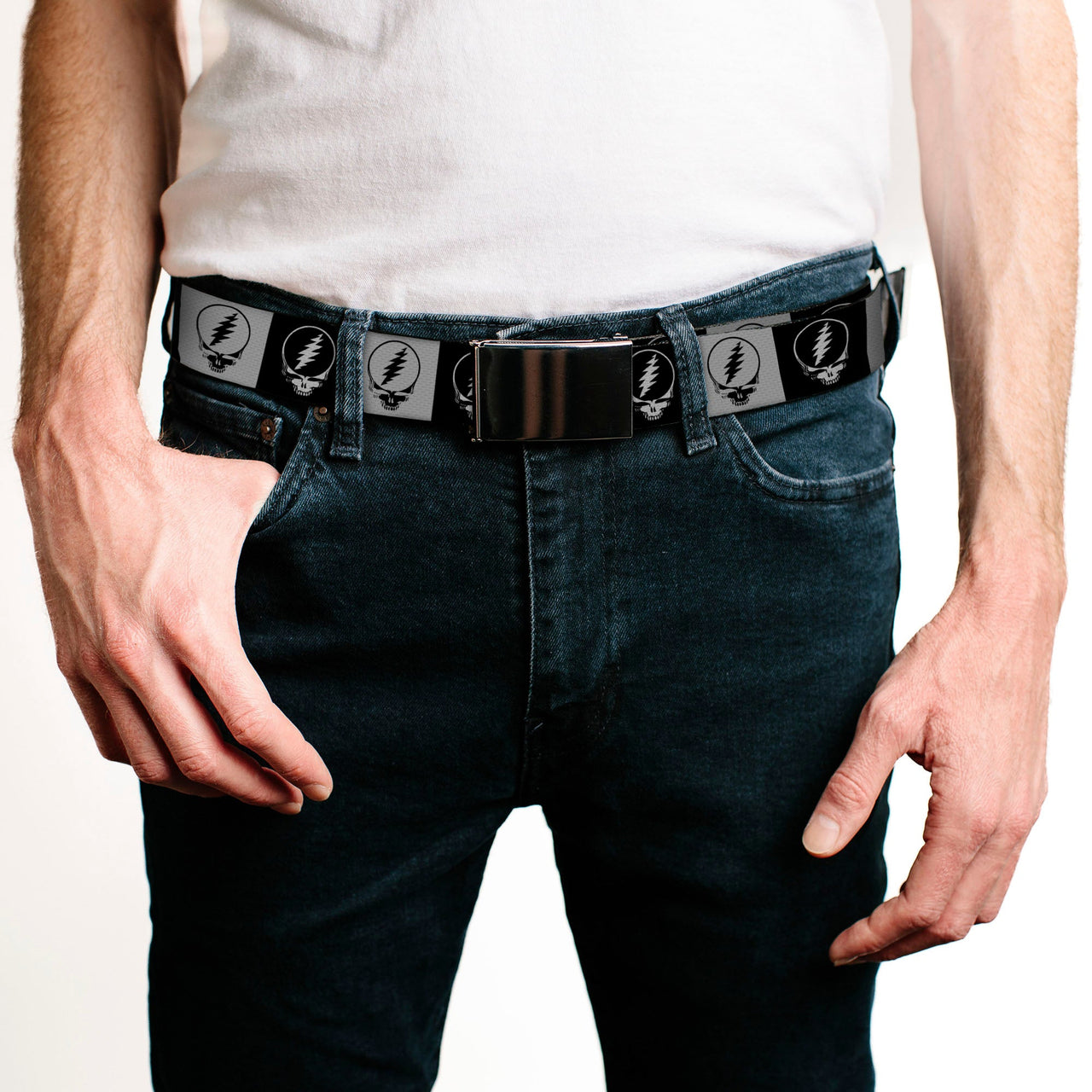 Black Buckle Web Belt - Steal Your Face Blocks Black/White-Gray/Black Webbing