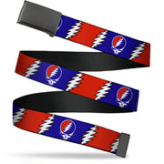Black Buckle Web Belt - Steal Your Face w/Lightning Bolt Repeat Red/White/Blue Webbing