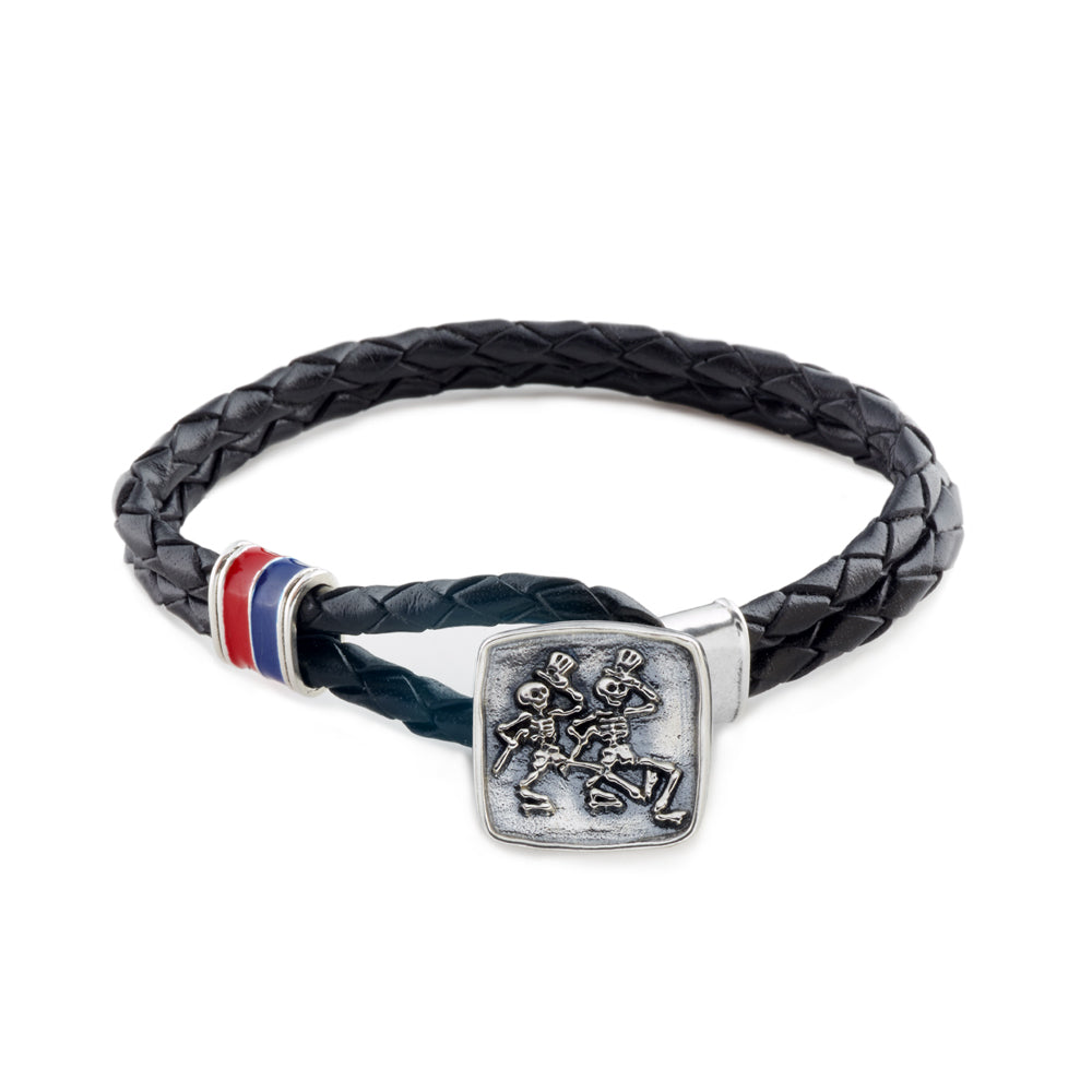 Dancing Skeletons Sterling Silver, Blue and Red Enamel & Leather Bracelet