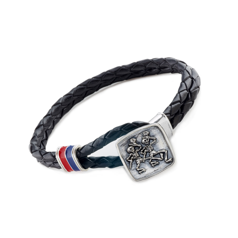 Dancing Skeletons Sterling Silver, Blue and Red Enamel & Leather Bracelet