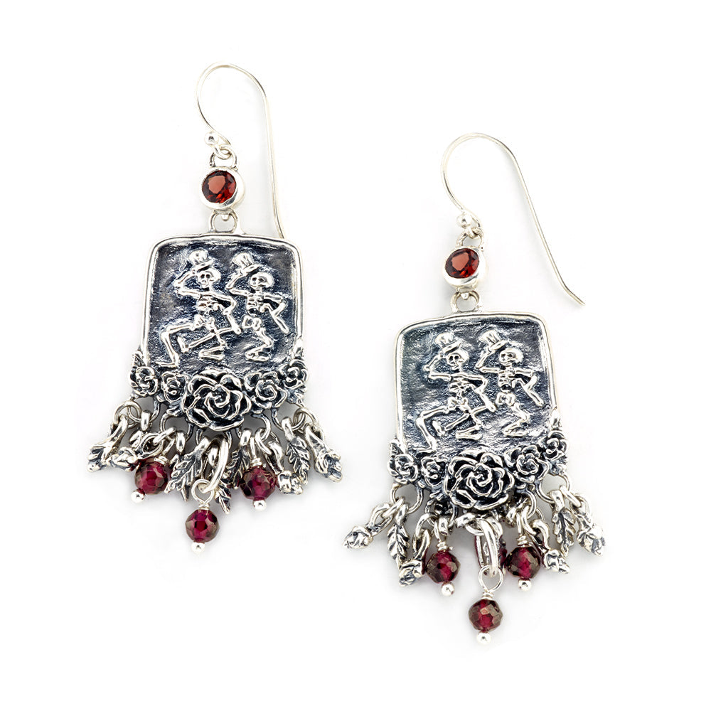 Dancing Skeletons Sterling Silver Garnet Drop Earring