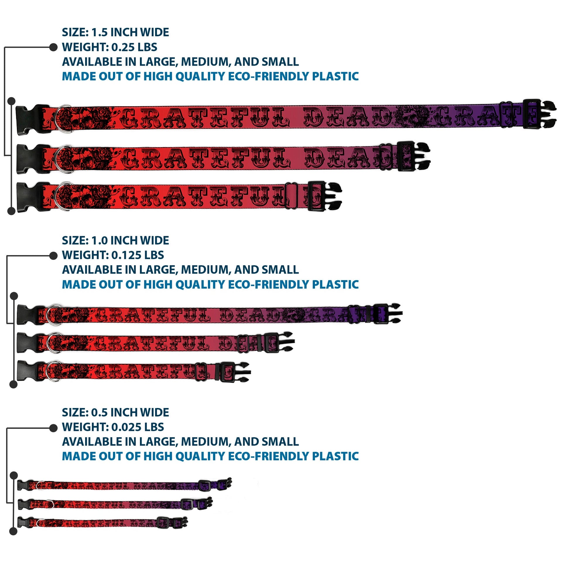 Grateful Dead Dog Collar | Rainbow Fade Text + Skull & Roses