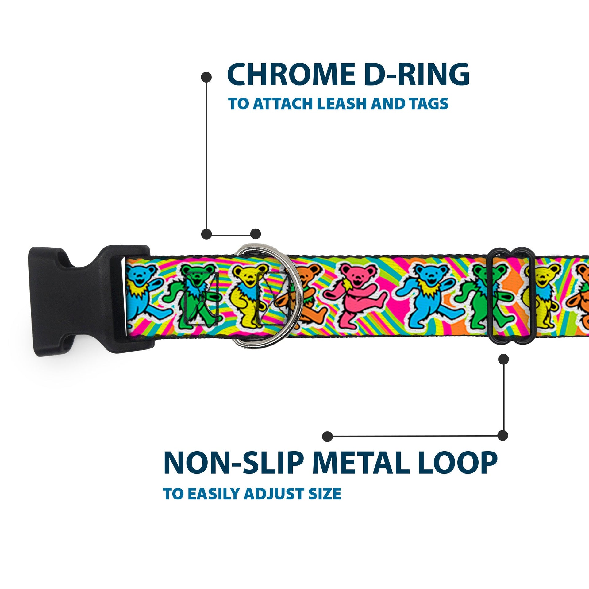 Grateful Dead Dog Collar | Rainbow Tie Dye Swirl Dancing Bears