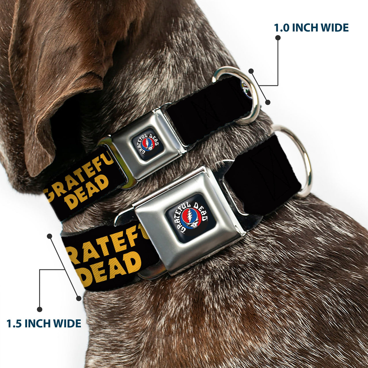 Grateful Dead Seatbelt Buckle Pet Collar | Black/Yellow Text + Skull & Roses (Steal Your Face Buckle)