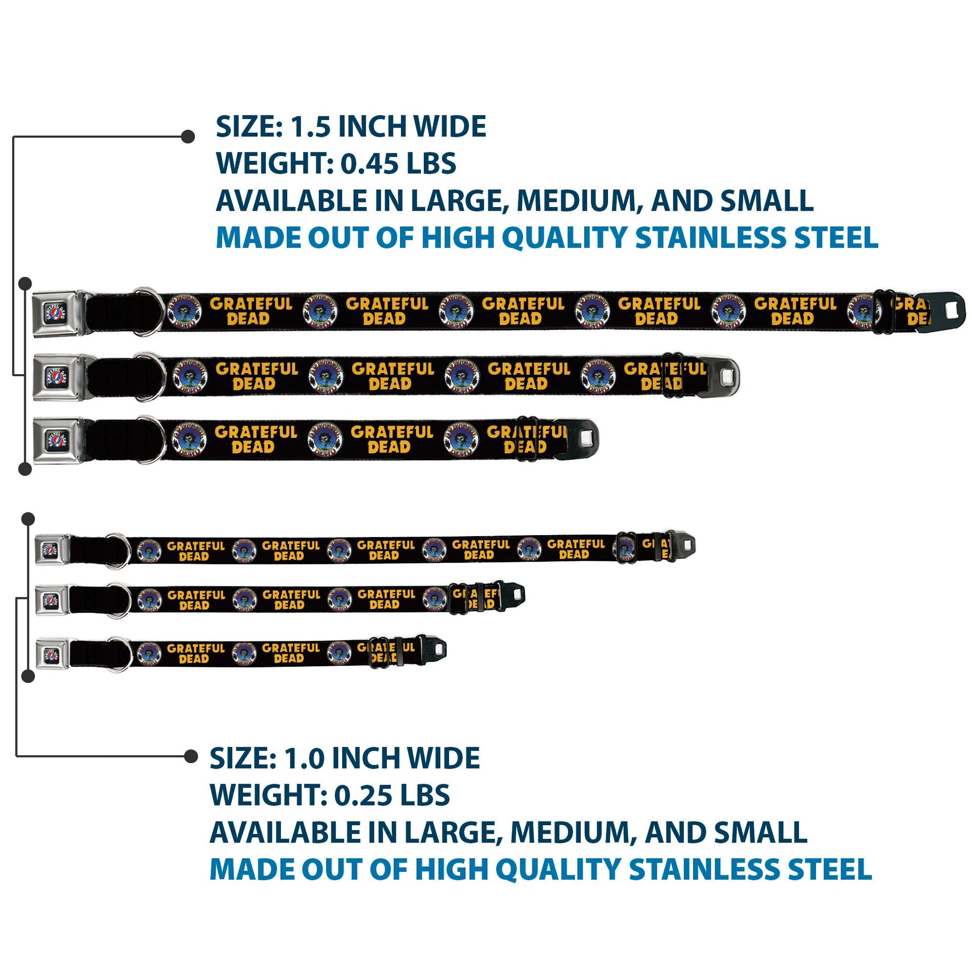 Grateful Dead Seatbelt Buckle Pet Collar | Black/Yellow Text + Skull & Roses (Steal Your Face Buckle)
