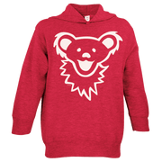 Grateful Dead toddler hoodie front view featuring colorful Dancing Bear face graphic on red fabric