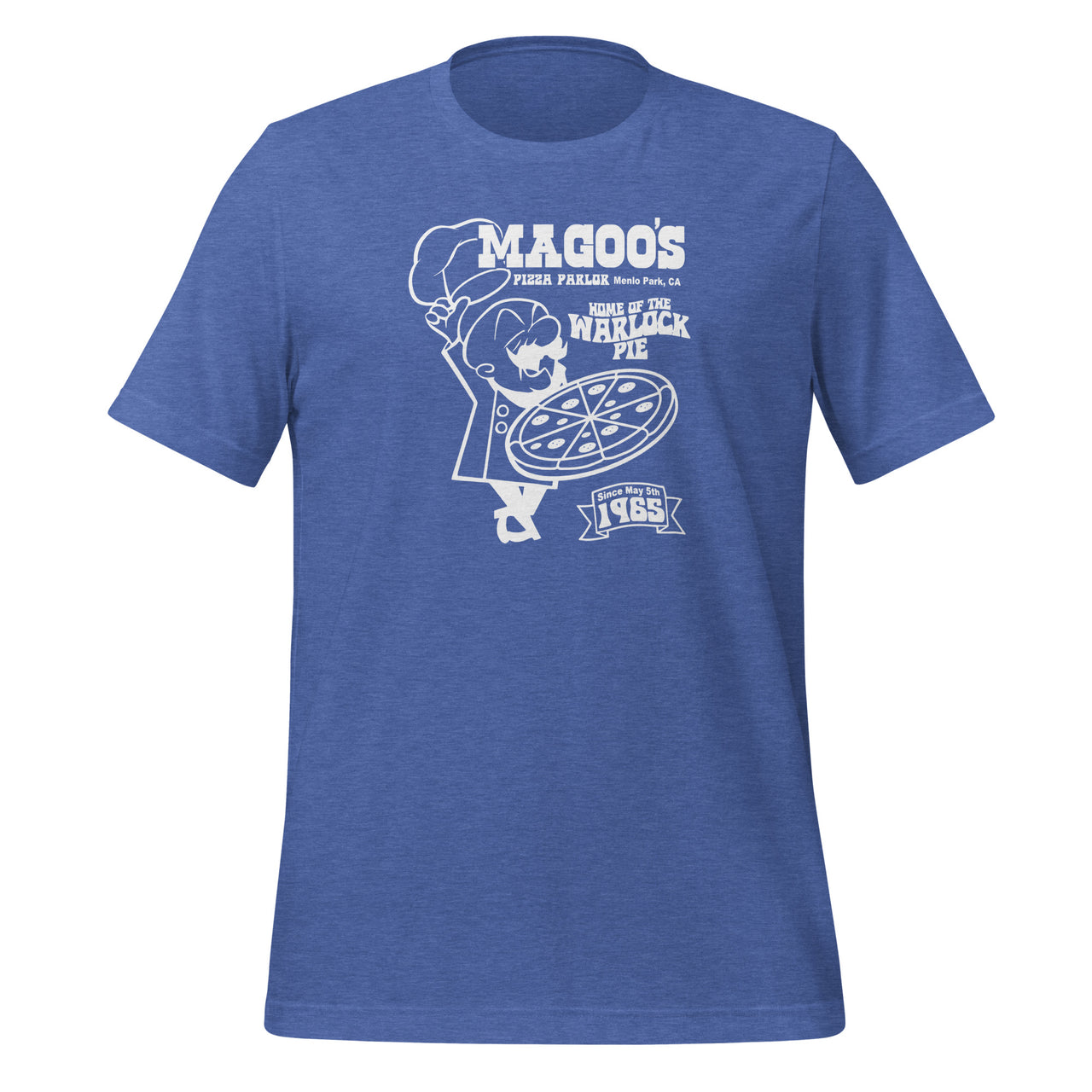 Magoo’s Pizza Parlor Throwback T-Shirt with vintage pizza shop graphic on blue-colored fabric