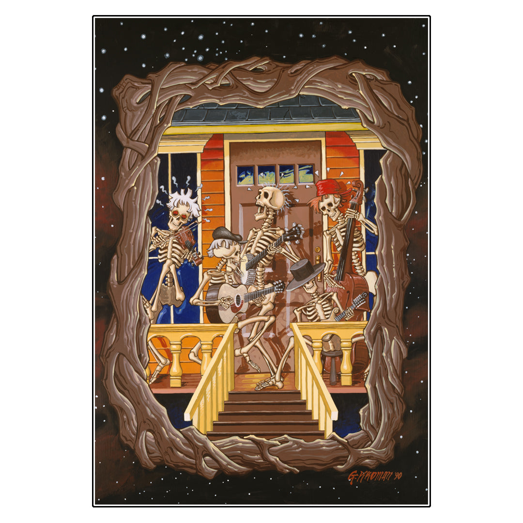 Limited edition Porch Players vintage art poster featuring rustic Americana-inspired illustration with musicians performing on a front porch