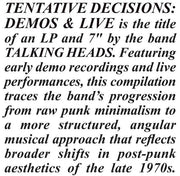 The Talking Heads - Tentative Decisions: Demos & Live (7 Inch & LP Vinyl) Shop Goldmine Mag