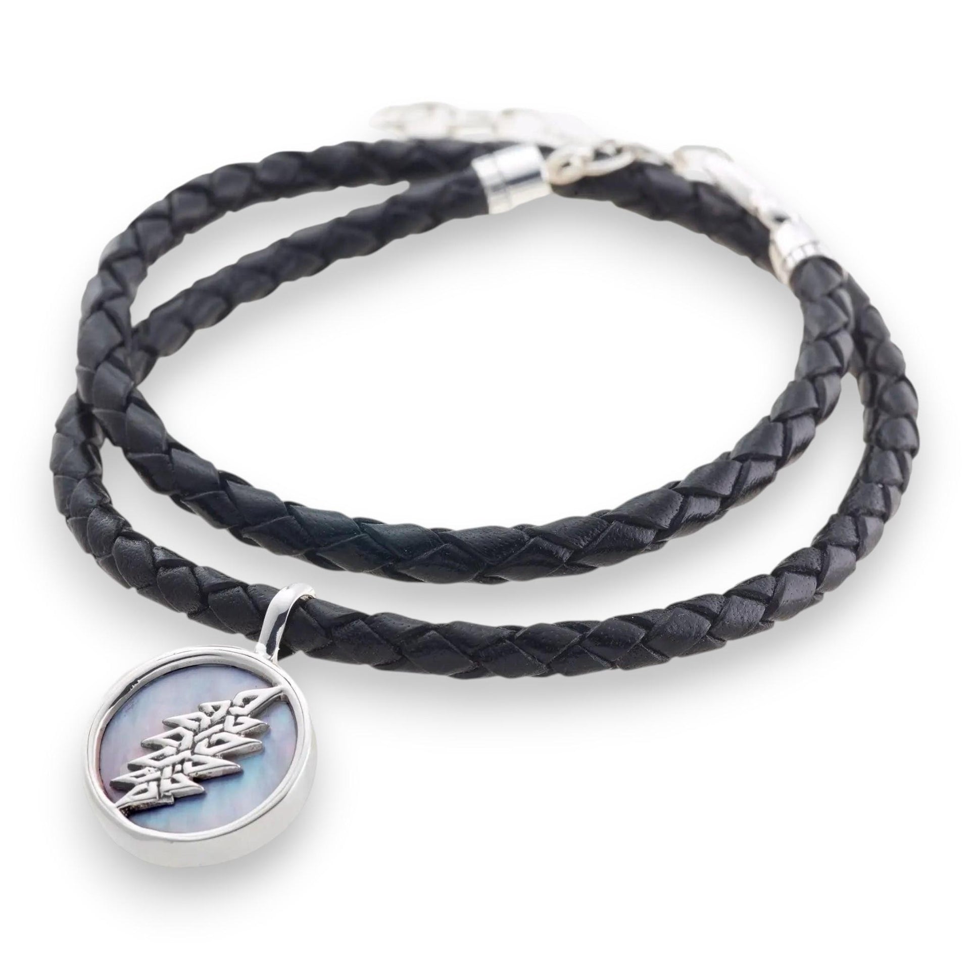 Grateful Dead Lightning Bolt Sterling Silver Charm Woven Leather Necklace