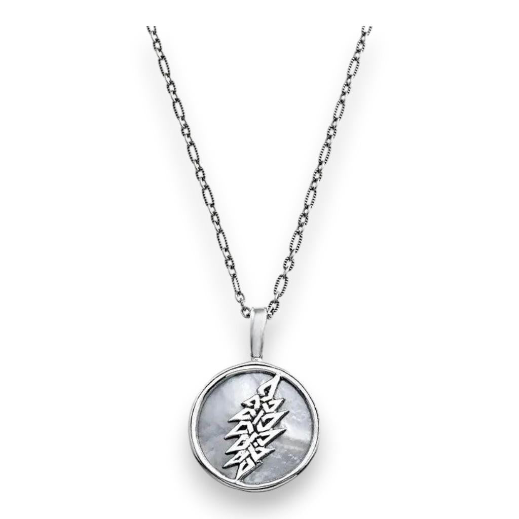 Grateful Dead Lightning Bolt Sterling Silver & Mother Of Pearl Charm Necklace - Front