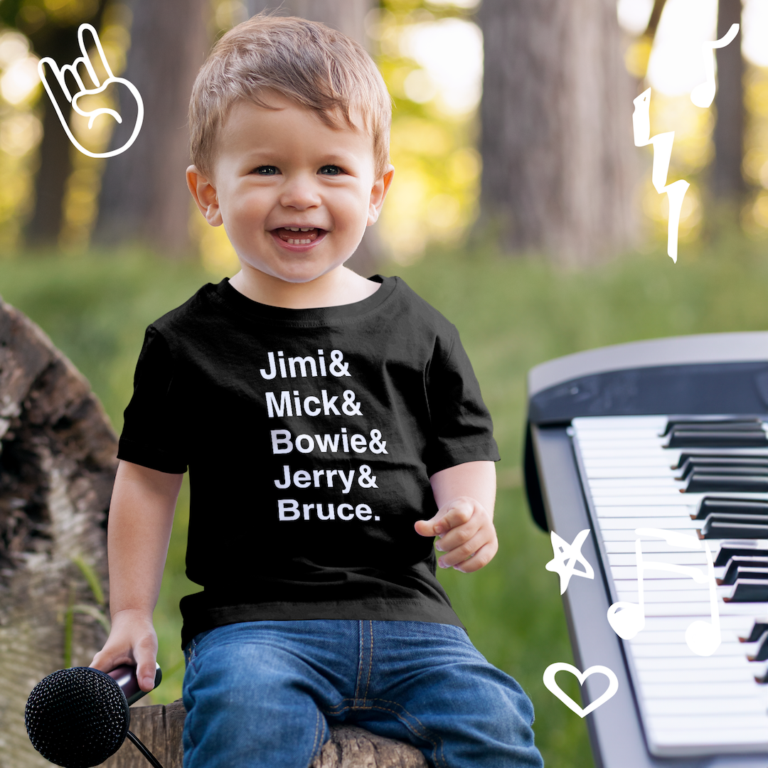 Jimi & Mick& Bowie & Jerry & Bruce Toddler T-Shirt by The Rock and Roll Playhouse