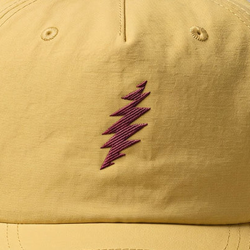 Close-up of the design on the Grateful Dead Embroidered Maroon Bolt Surf Hat - Sunset