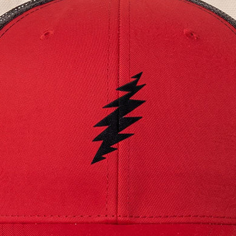 Close-up of the design on the Grateful Dead Black Bolt Trucker Hat - Red/Black