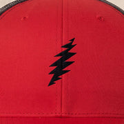 Close-up of the design on the Grateful Dead Black Bolt Trucker Hat - Red/Black