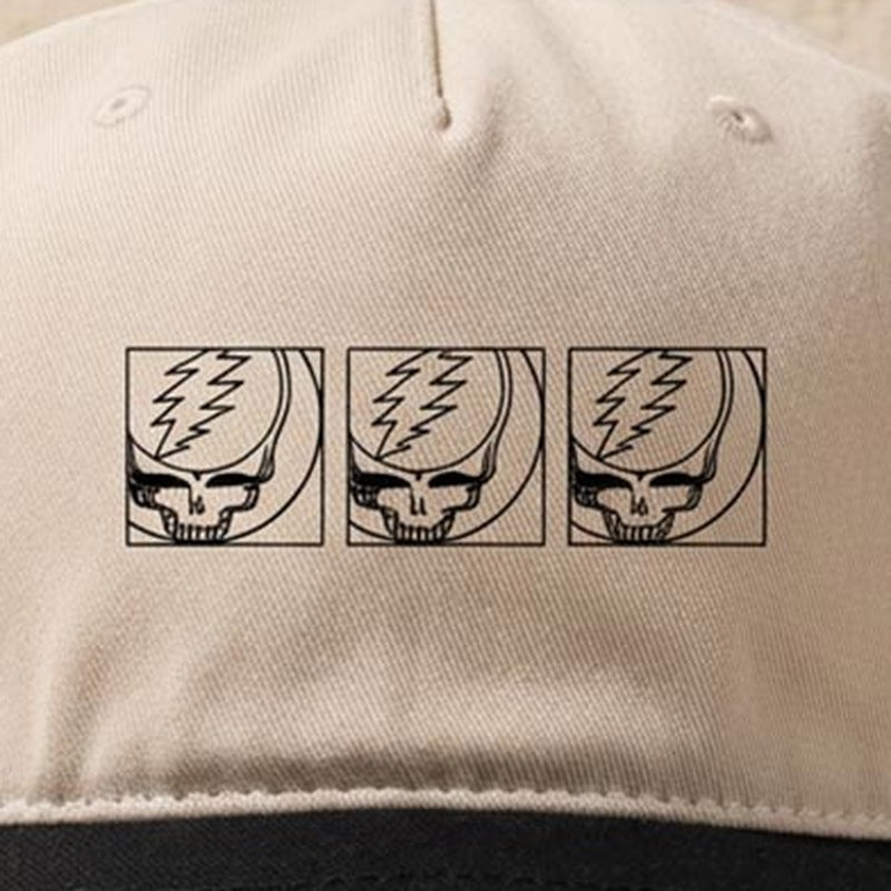 Close-up of the design on the Grateful Dead Triple Cropped Stealie Two-Tone Hat - Natural/Black