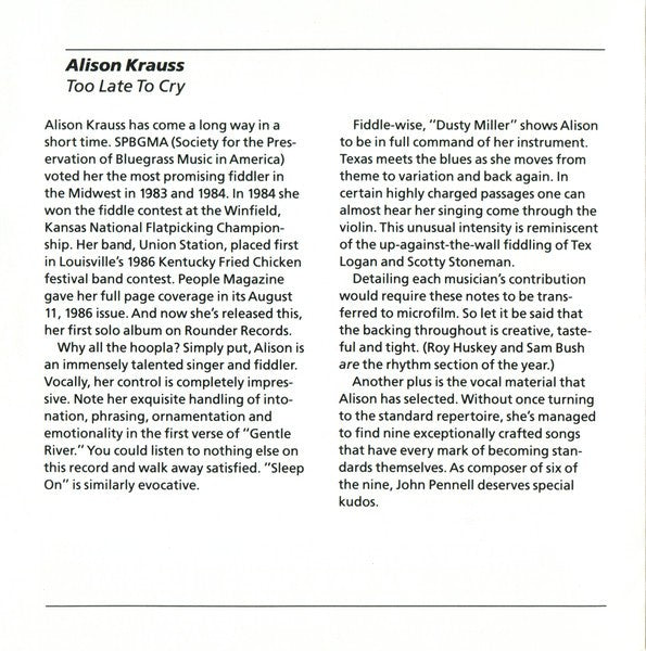 Alison Krauss – Too Late to Cry (CD) - Detail