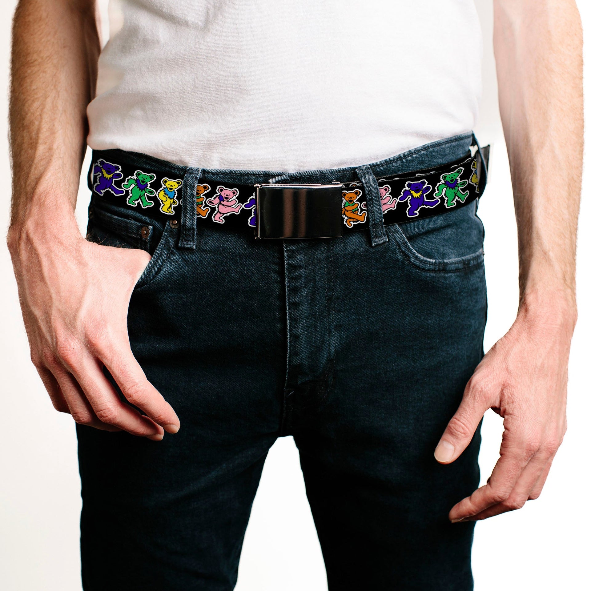 Black Buckle Web Belt - Dancing Bears Black/Multi Color Webbing