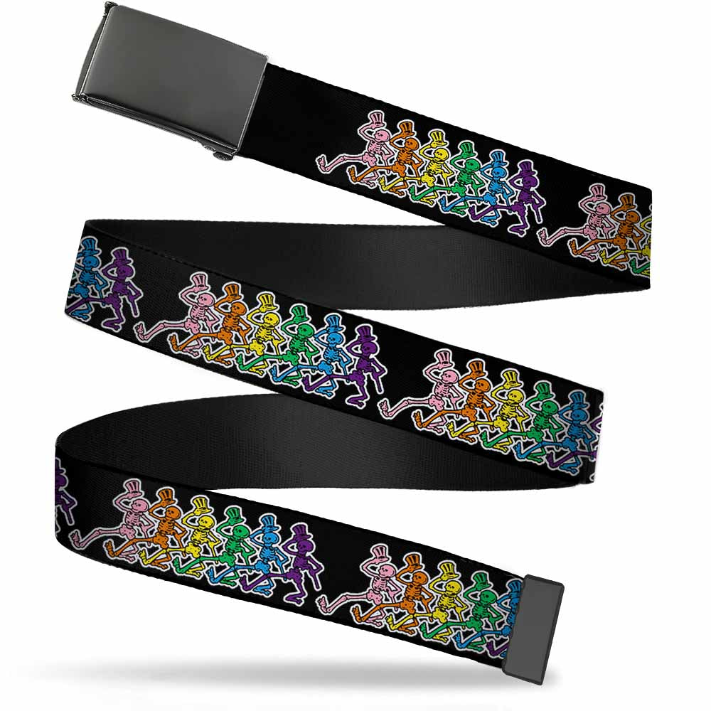 Black Buckle Web Belt - Dancing Skeletons Black/Multi Color Webbing