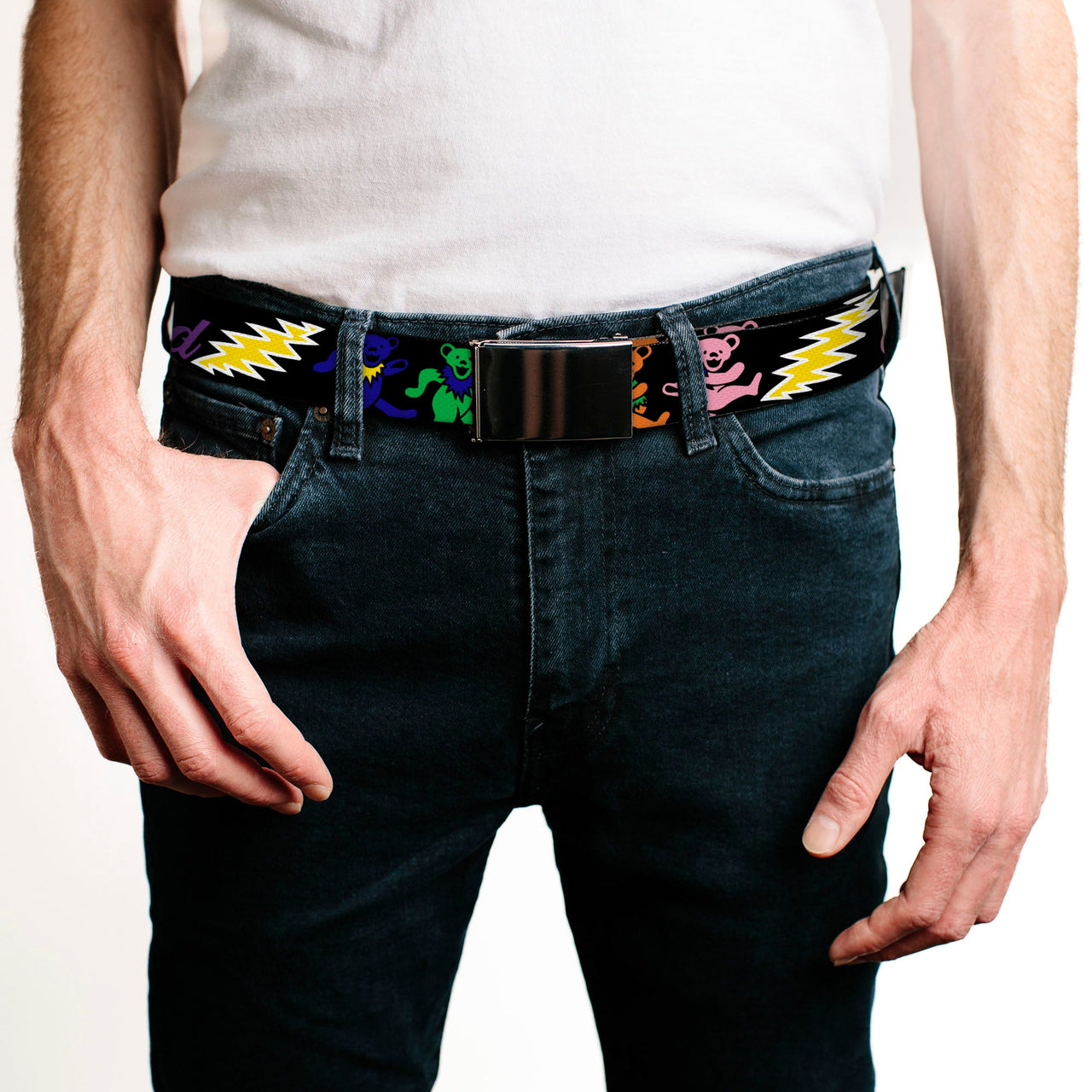 Black Buckle Web Belt - Grateful Dead Script w/Bears & Skeletons Black/Multi Color Webbing