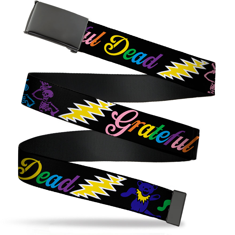 Black Buckle Web Belt - Grateful Dead Script w/Bears & Skeletons Black/Multi Color Webbing