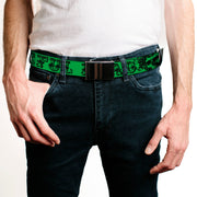 Black Buckle Web Belt - Grateful Dead Text w/Skull & Roses Green Webbing