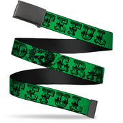 Black Buckle Web Belt - Grateful Dead Text w/Skull & Roses Green Webbing