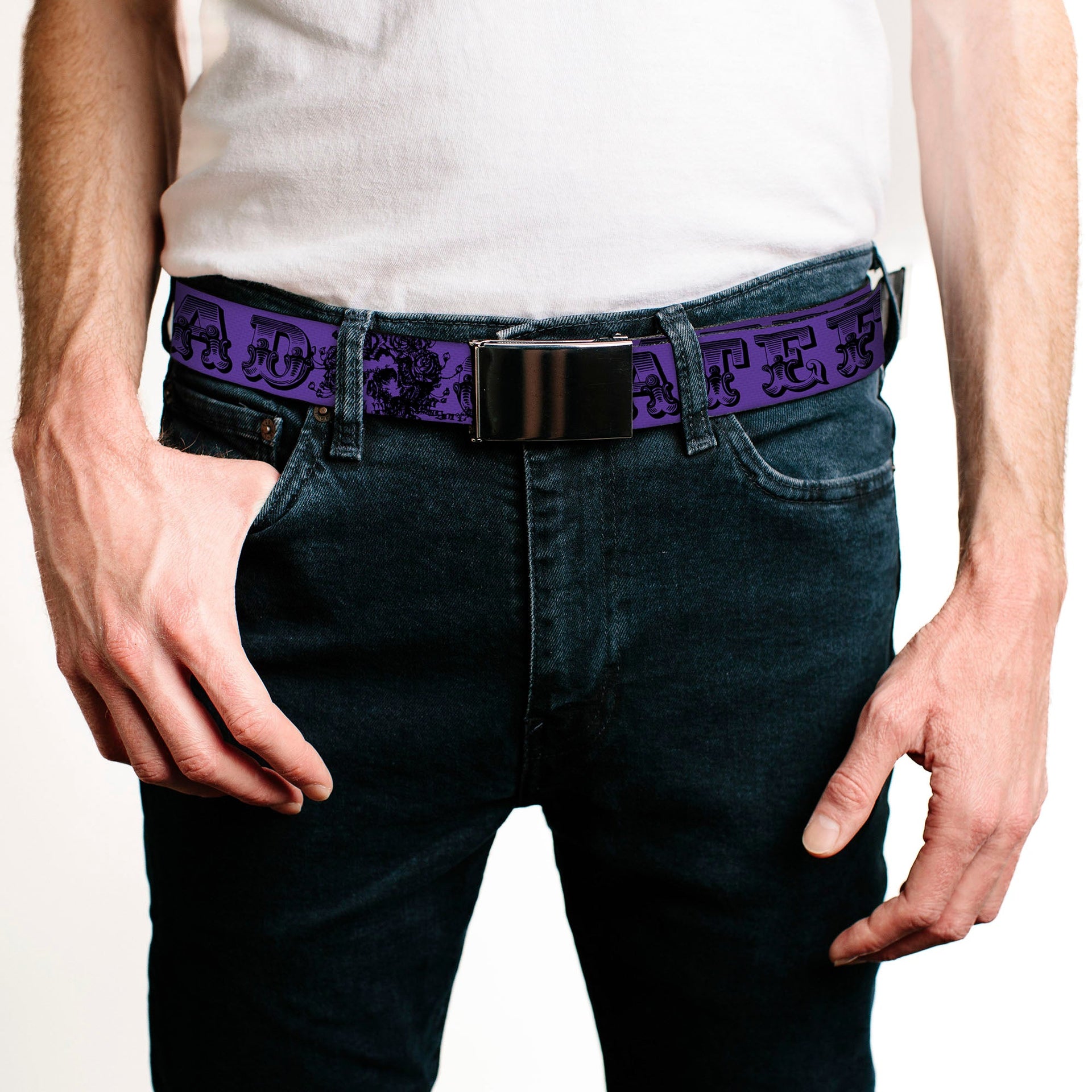 Black Buckle Web Belt - Grateful Dead Text w/Skull & Roses Purple Webbing