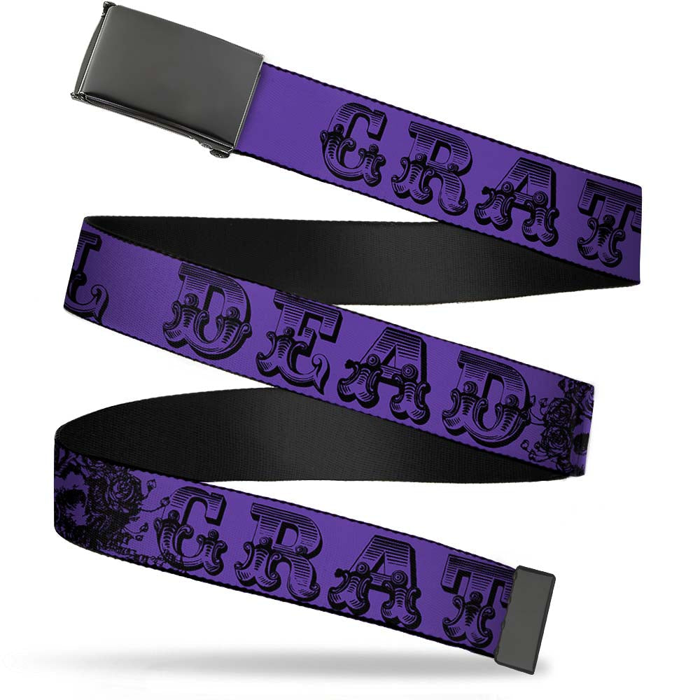 Black Buckle Web Belt - Grateful Dead Text w/Skull & Roses Purple Webbing