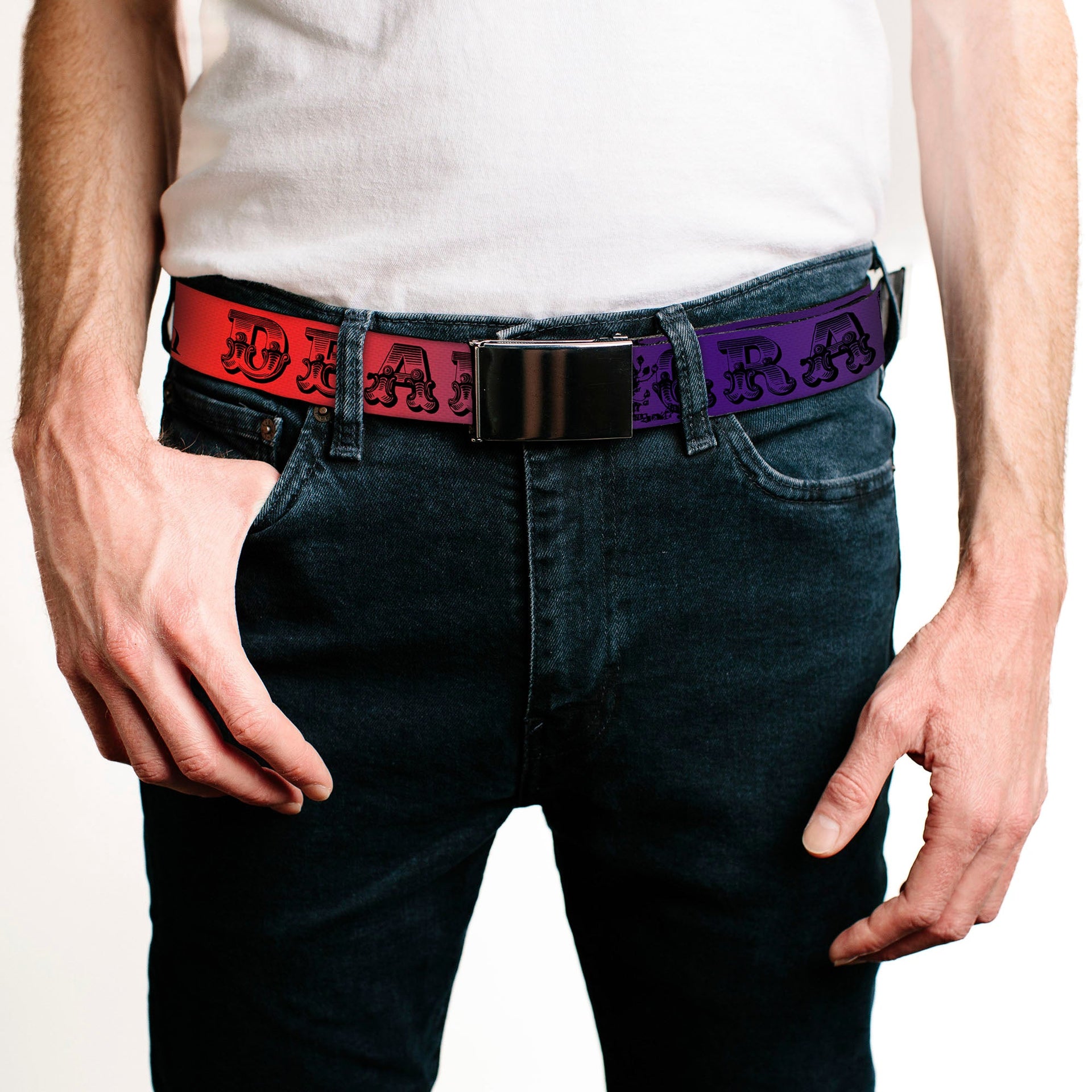 Black Buckle Web Belt - Grateful Dead Text w/Skull & Roses Rainbow Fade Webbing