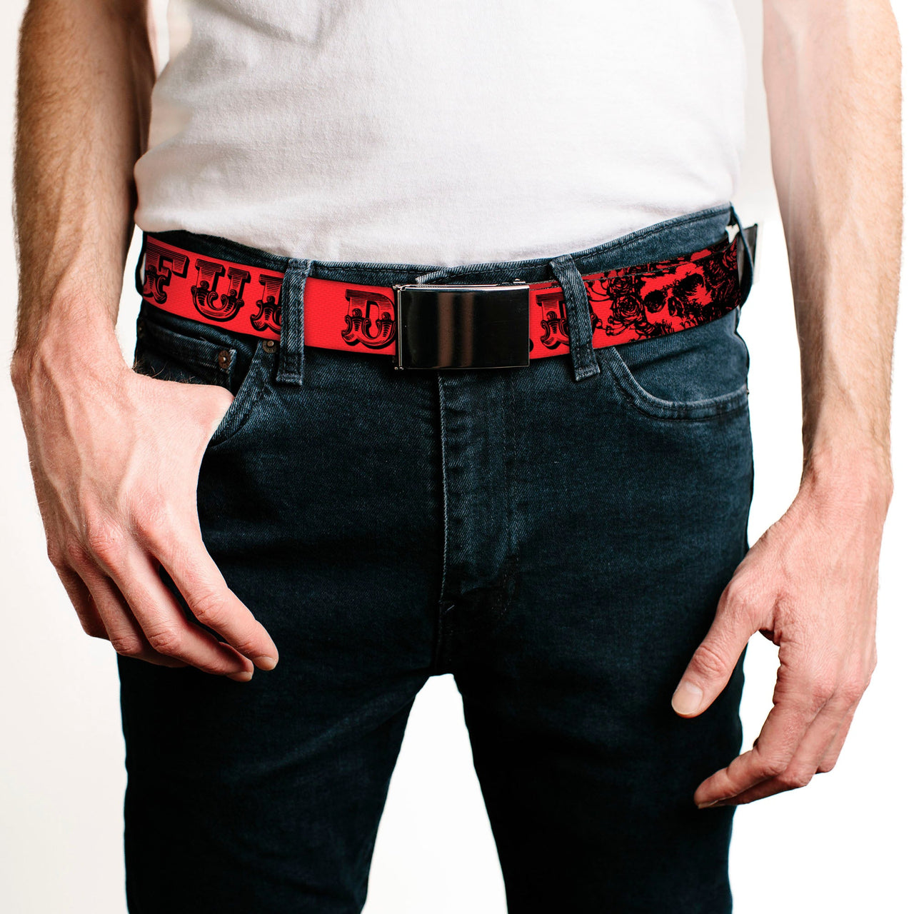 Black Buckle Web Belt - Grateful Dead Text w/Skull & Roses Red Webbing