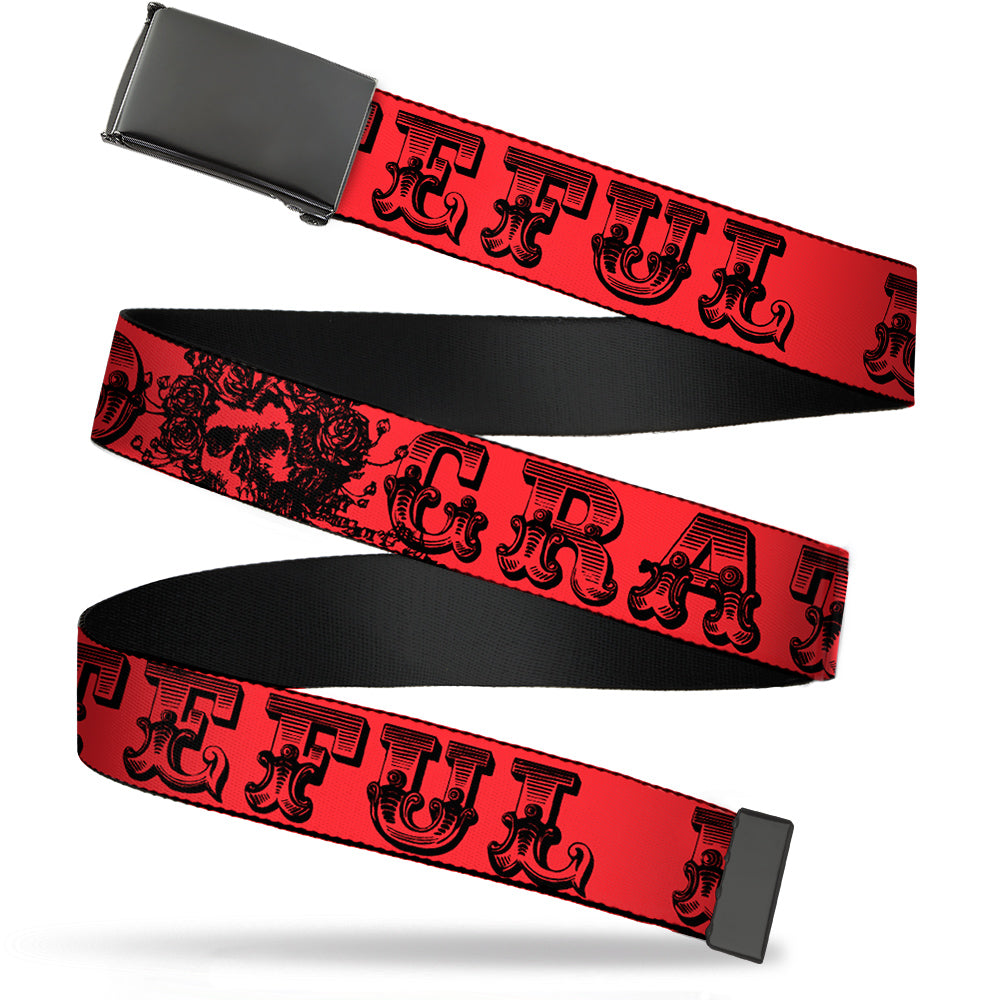 Black Buckle Web Belt - Grateful Dead Text w/Skull & Roses Red Webbing