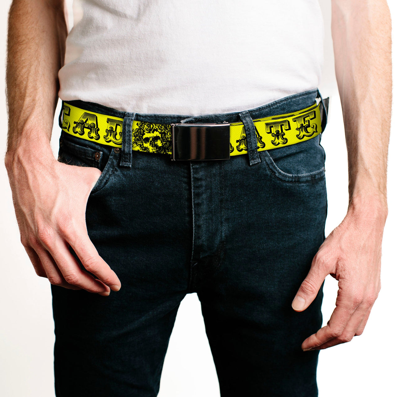 Black Buckle Web Belt - Grateful Dead Text w/Skull & Roses Yellow Webbing