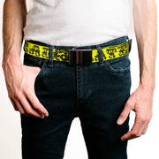 Black Buckle Web Belt - Grateful Dead Text w/Skull & Roses Yellow Webbing