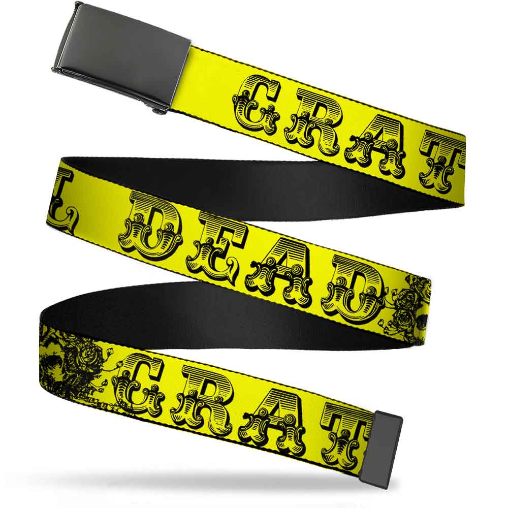 Black Buckle Web Belt - Grateful Dead Text w/Skull & Roses Yellow Webbing