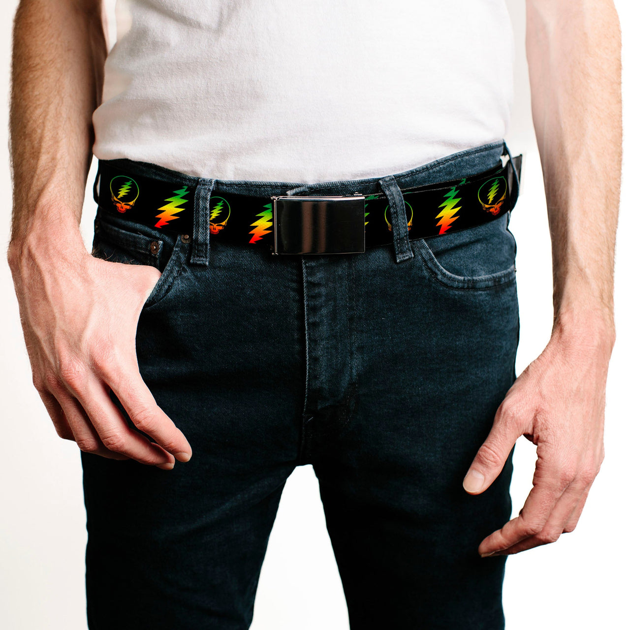 Black Buckle Web Belt - Steal Your Face w/Lightning Bolt Repeat Black/Rasta Webbing