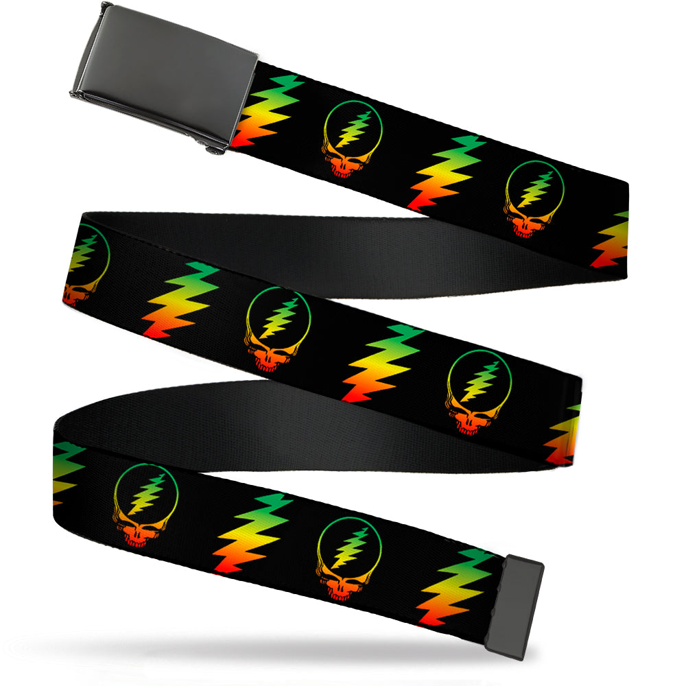 Black Buckle Web Belt - Steal Your Face w/Lightning Bolt Repeat Black/Rasta Webbing