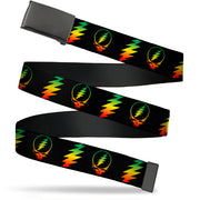 Black Buckle Web Belt - Steal Your Face w/Lightning Bolt Repeat Black/Rasta Webbing