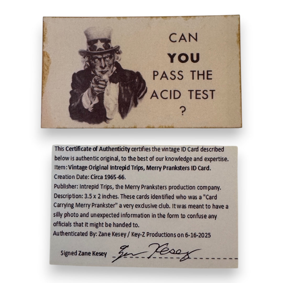 "Can You Pass the Acid Test?" Business Card | Merry Pranksters | Ca. 1965–66 | With Ken Kesey "IT IS" Business Card & COA by Zane Kesey