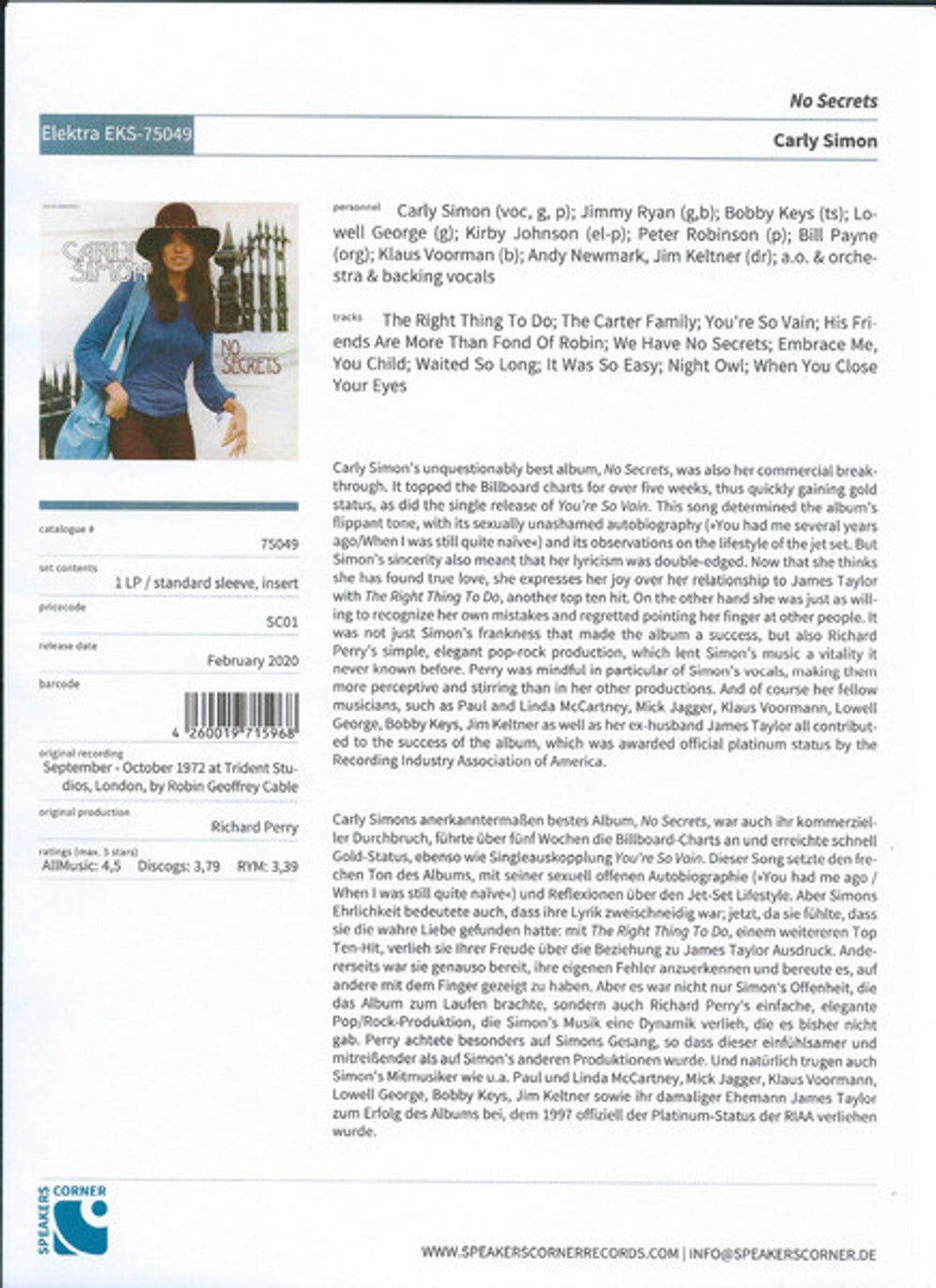 Carly Simon – No Secrets (LP Vinyl)