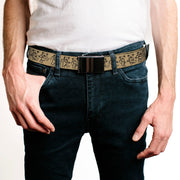 Chrome Buckle Web Belt - Dancing Bears Tan/Black Webbing