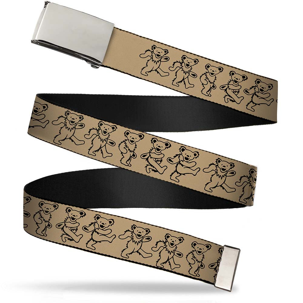 Chrome Buckle Web Belt - Dancing Bears Tan/Black Webbing