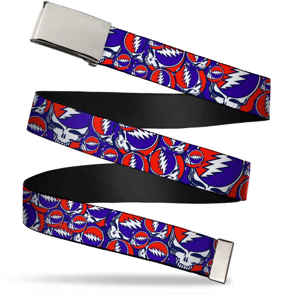 Chrome Buckle Web Belt - Steal Your Face Stacked Red/White/Blue Webbing