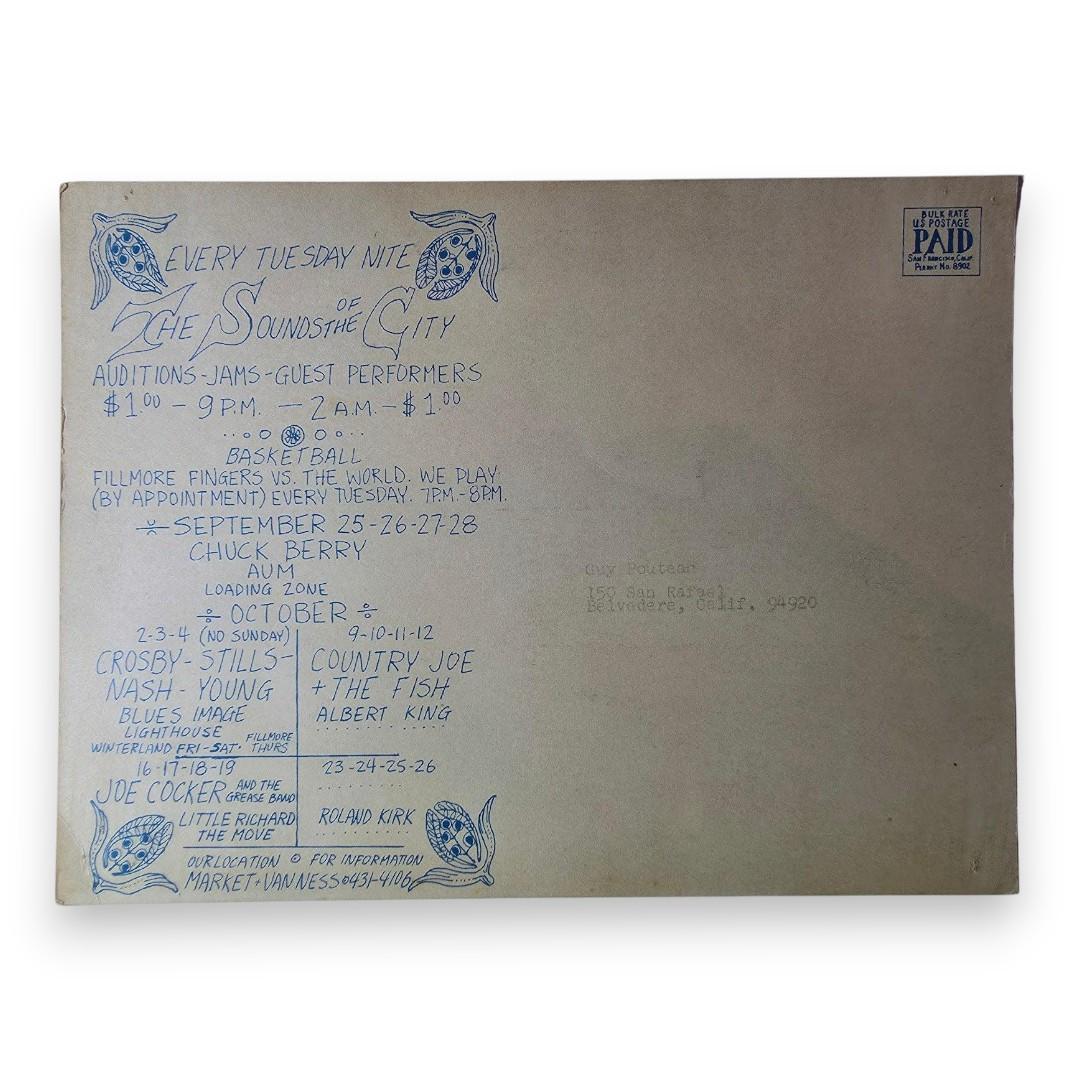 Chuck Berry, Aum, The Loading Zone, Crosby, Stills, Nash & Young, Blues Image, John Sebastian – The Fillmore West, Winterland, San Francisco (Sep 25–28, Oct 2–4, 1969) by Greg Irons (Uncut Postcard)