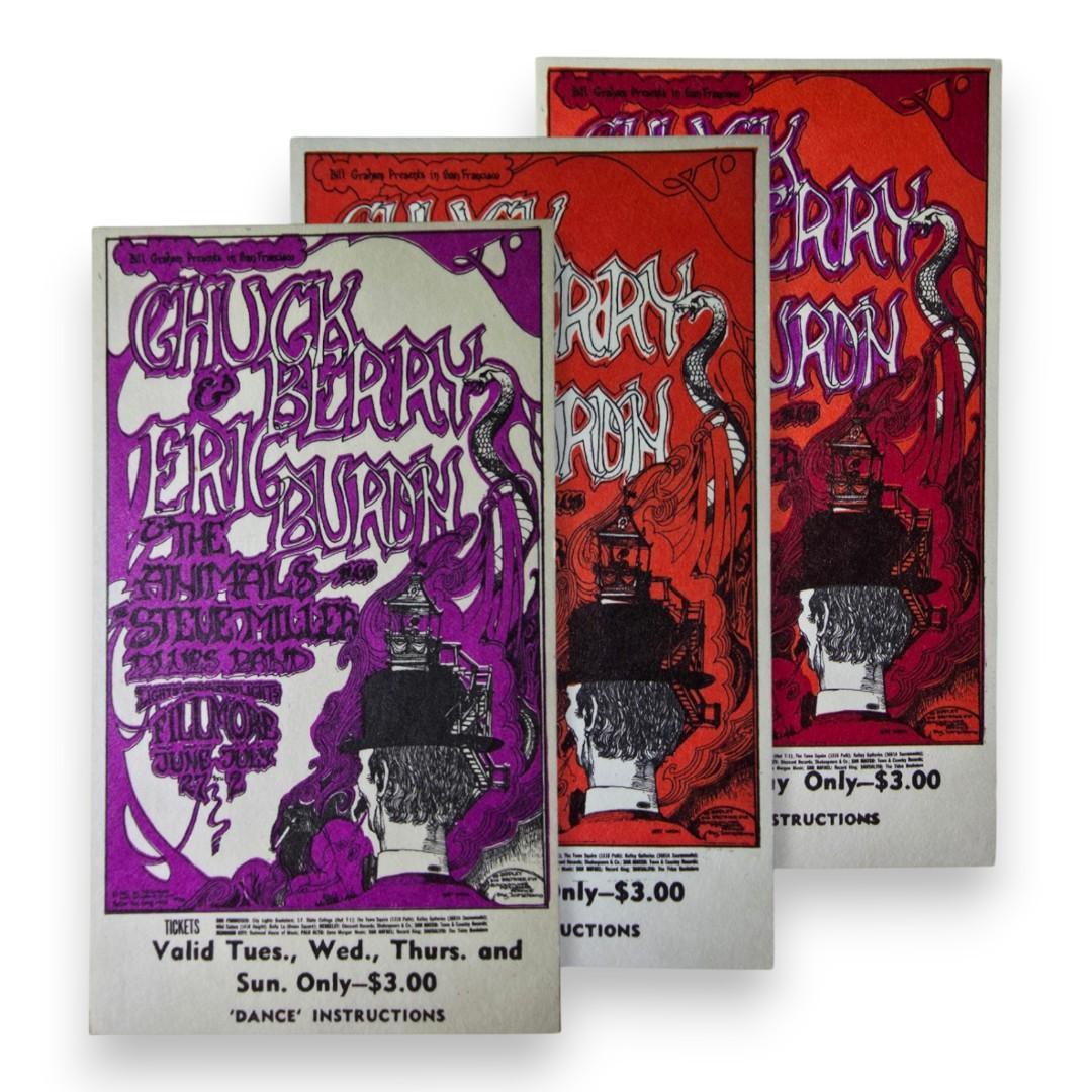 Chuck Berry, Eric Burdon & The Animals, Steve Miller Blues Band - 3-Night Run - June 27-July 2, 1967 - The Fillmore | Vintage Ticket Bundle