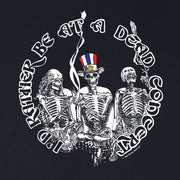 Close-up of 'I’d Rather Be at a Dead Concert' text graphic on front of pullover
