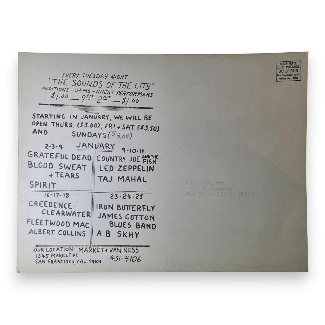 Country Joe & The Fish, Led Zeppelin, Taj Mahal, Grateful Dead, Blood, Sweat & Tears, Spirit – The Fillmore West, San Francisco (Jan 2–4, 9–11, 1969) by Randy Tuten, D. Bread & Peter Pynchon (Uncut Postcard)