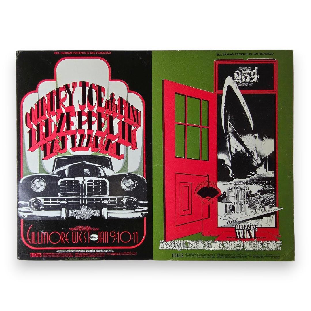Country Joe & The Fish, Led Zeppelin, Taj Mahal, Grateful Dead, Blood, Sweat & Tears, Spirit – The Fillmore West, San Francisco (Jan 2–4, 9–11, 1969) by Randy Tuten, D. Bread & Peter Pynchon (Uncut Postcard)